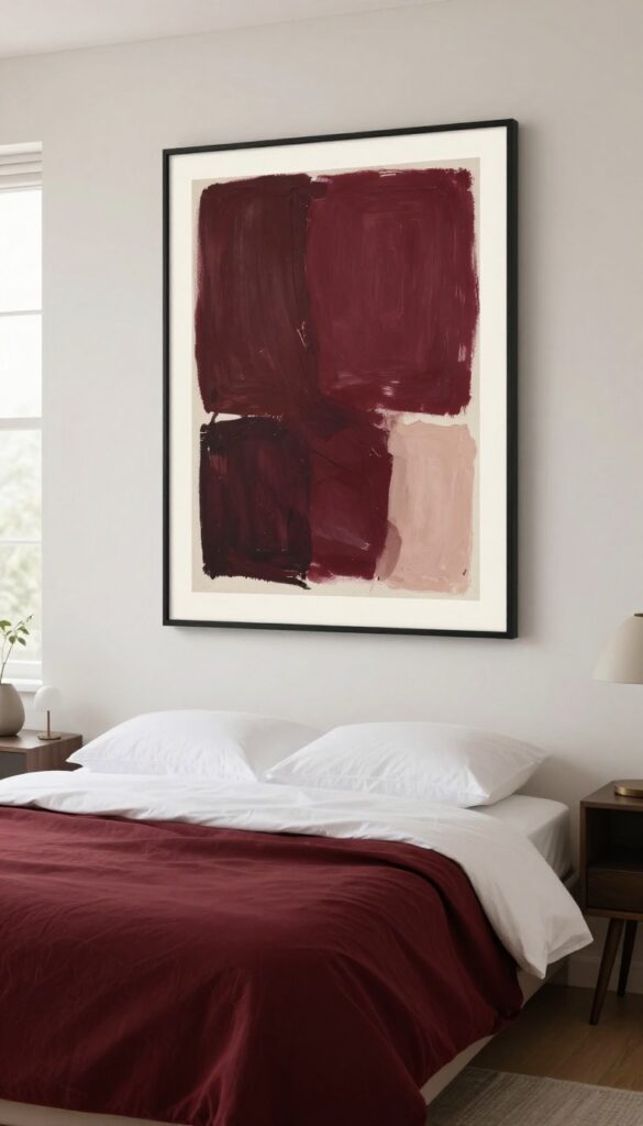 Bright bedroom with a large framed dark red abstract canvas hanging centered above the bed's headboard, styled with white bedding and a burgundy throw