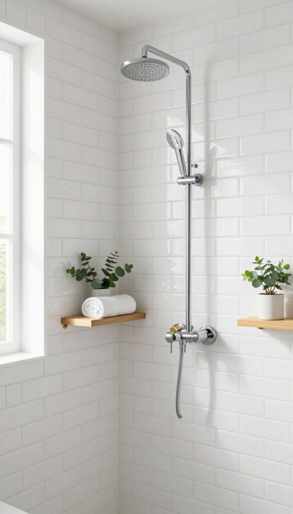 Bright bathroom shower wall covered in vertical white subway tiles with thin light grout, chrome showerhead, and a small eucalyptus plant on a shelf, creating a taller airier look.