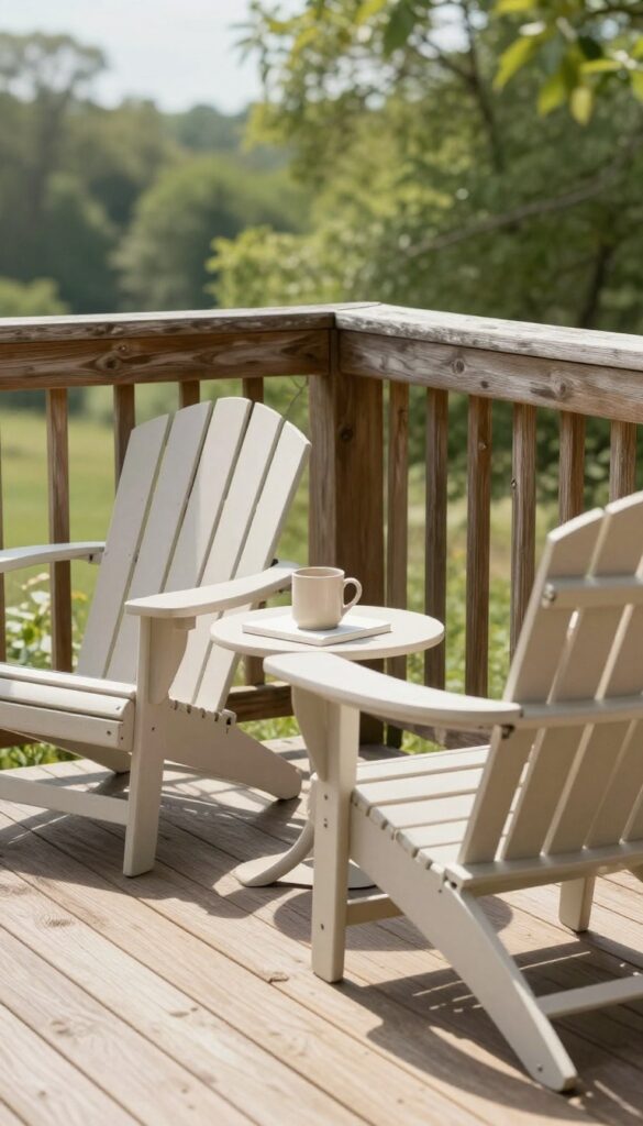 Two classic Adirondack chairs angled toward each other on a sunlit deck corner with a small side table between them