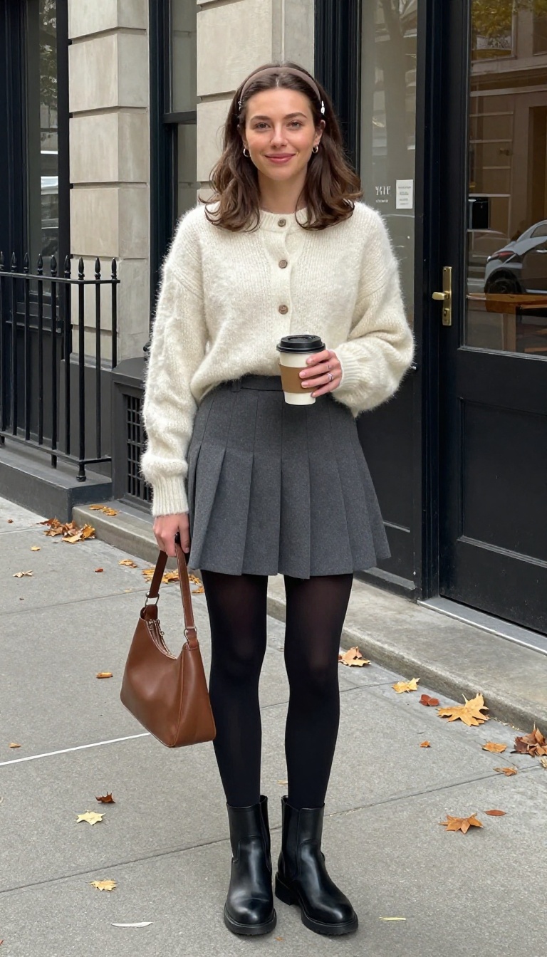 7. Pleated Mini Skirt With Tights and a Fuzzy Cardigan