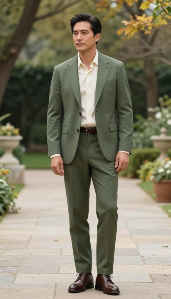 Man wearing an olive suit with a cream shirt and brown leather accessories at an outdoor formal event.