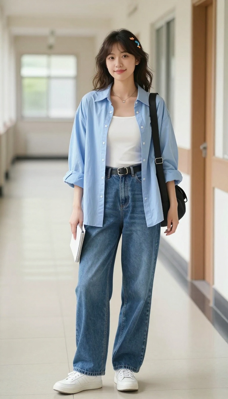 12. Wide-Leg Jeans + Halter Top + Oversized Shirt