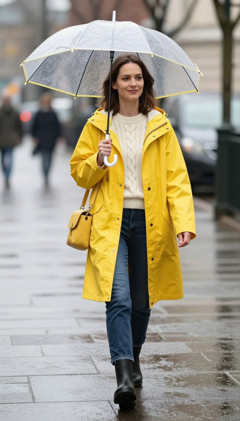 12. Raincoat and Straight Jeans