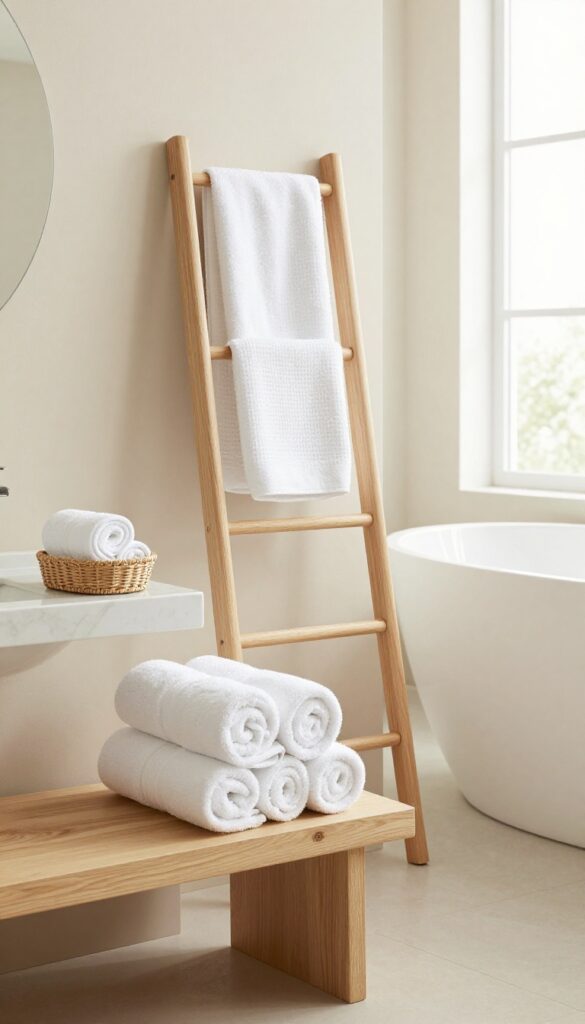 Bright spa-like bathroom with neatly rolled white towels on a bench, a wooden towel ladder with matching white towels, and a basket of washcloths on a marble counter.