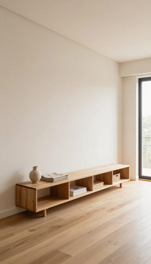Bright square living room with a long low wooden media console, hidden storage baskets underneath, and minimal styled surfaces keeping sightlines open and balanced