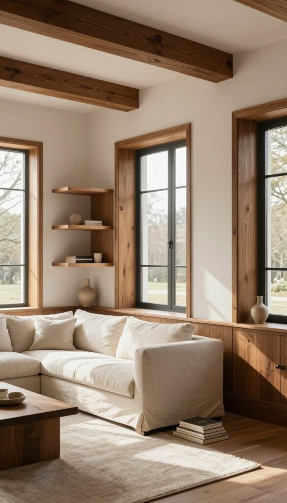 Bright neutral living room with rich brown wood shelves, stained trim, and a ceiling beam, styled with minimal decor and natural light.