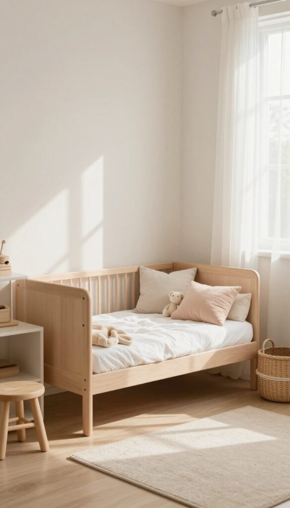 Bright toddler girl's bedroom with a neutral convertible crib-to-bed, large plain dresser, adjustable shelving, and soft pastel accents in natural light