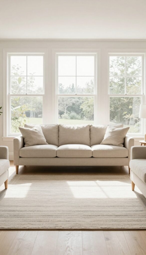 Bright rectangular living room with a wide neutral striped area rug centered under a sofa and two armchairs, layered with a smaller patterned rug, natural light, clean and balanced composition