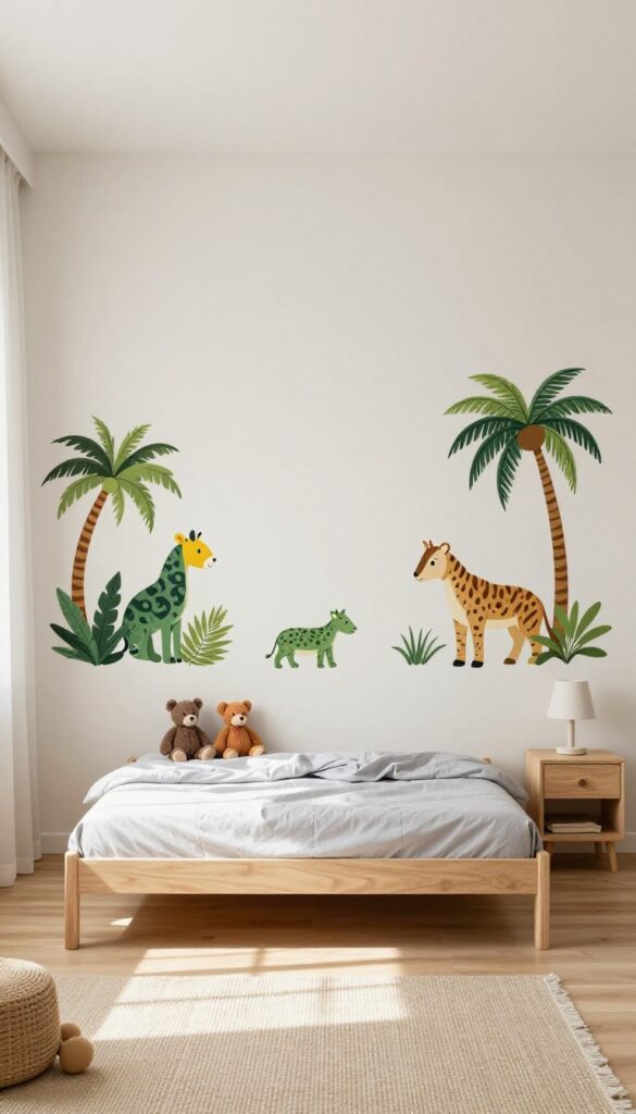 Bright toddler boy's bedroom with removable jungle animal wall decals on a neutral accent wall, a low bed with gray bedding, and soft natural light