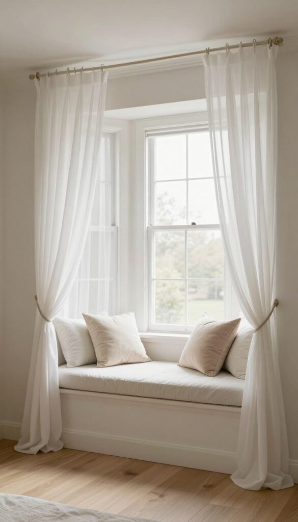 Bright bay window bedroom with a romantic canopy window seat, sheer white fabric draped from ceiling hooks framing a cushioned bench in soft natural light.