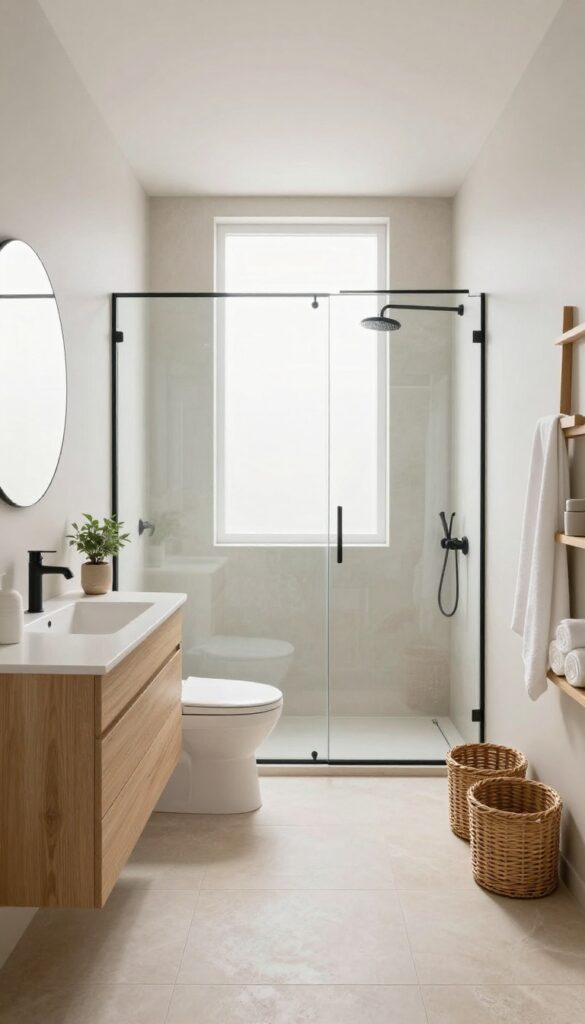 Bright square bathroom with four balanced zones: vanity, toilet, glass shower, and open shelving, with an open center and even natural light