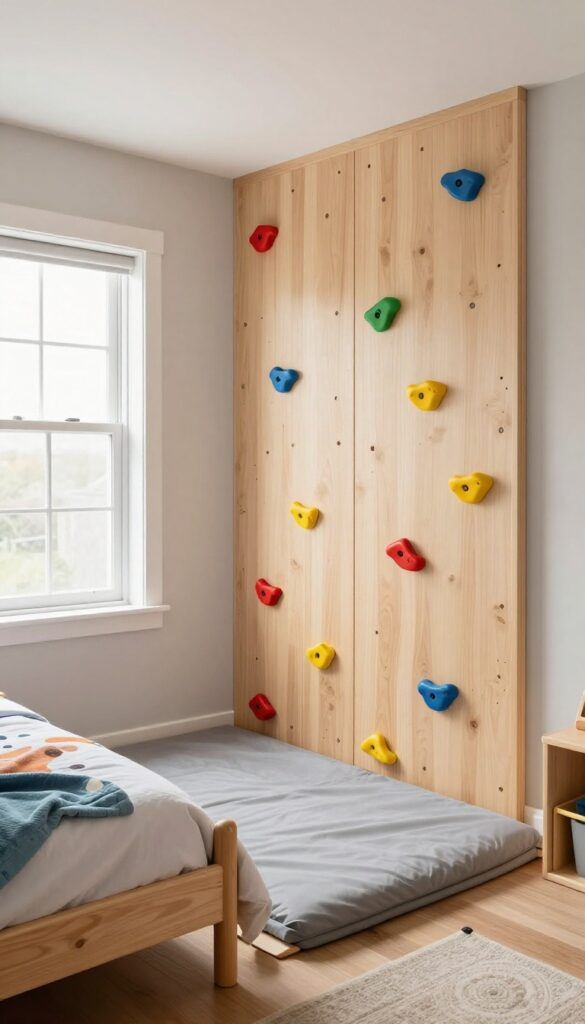 Bright boys bedroom with a small indoor climbing wall featuring colorful holds and soft safety mats underneath