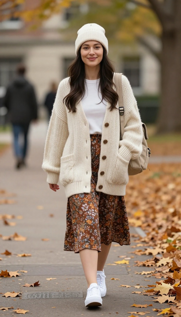 11. Floral Skirt with a Chunky Cardigan and Sneakers