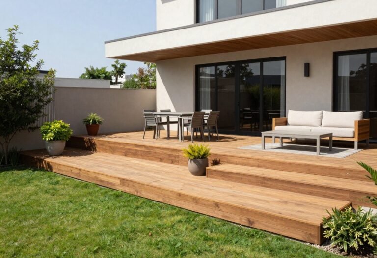 Multi-level backyard deck with a raised dining area and a lower lounge space in bright natural light