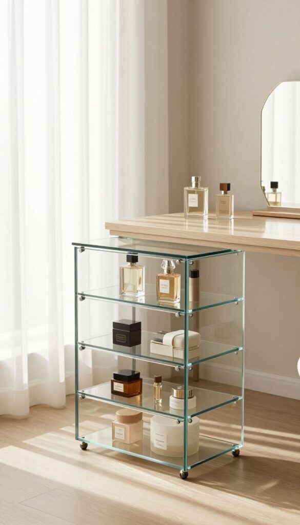 Modern luxury bedroom vanity with a glass top and clear display drawers holding neatly arranged perfume bottles in bright natural light