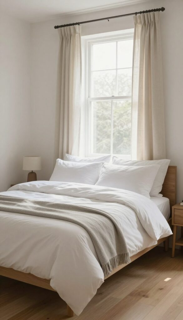 Bright bedroom with a white comforter, white pillows, and a light gray throw blanket at the foot of the bed, styled for a fresh hotel look in natural light.