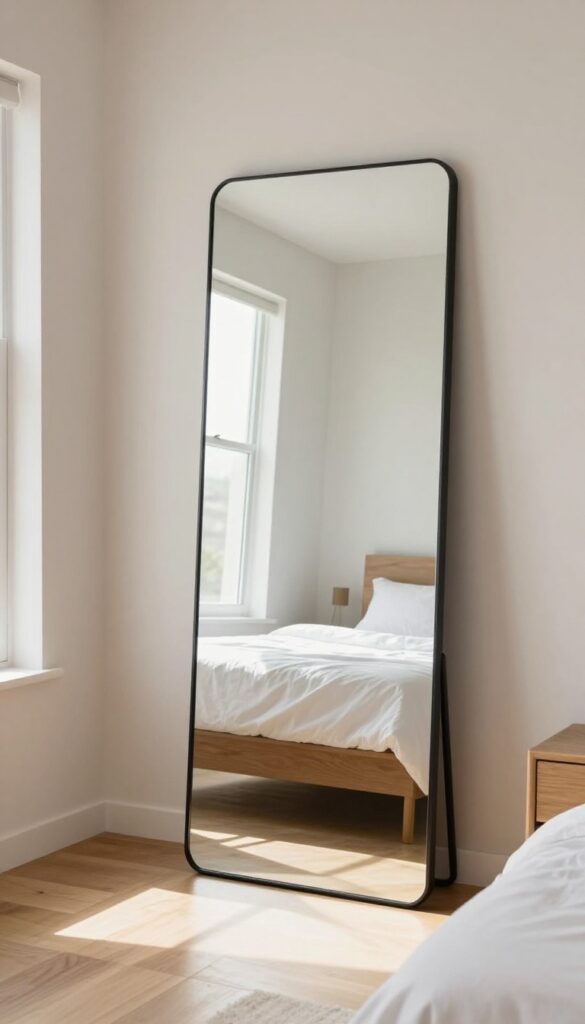 Bright guest bedroom with a tall simple black-framed full-length leaning mirror against a neutral wall, reflecting soft window light over a neatly made bed