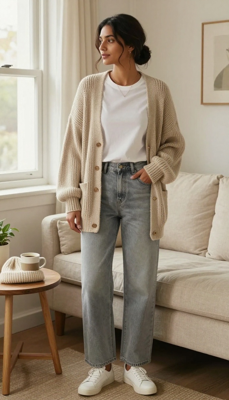 4. Cozy Knit Cardigan and Grey Baggy Jeans for Lounging