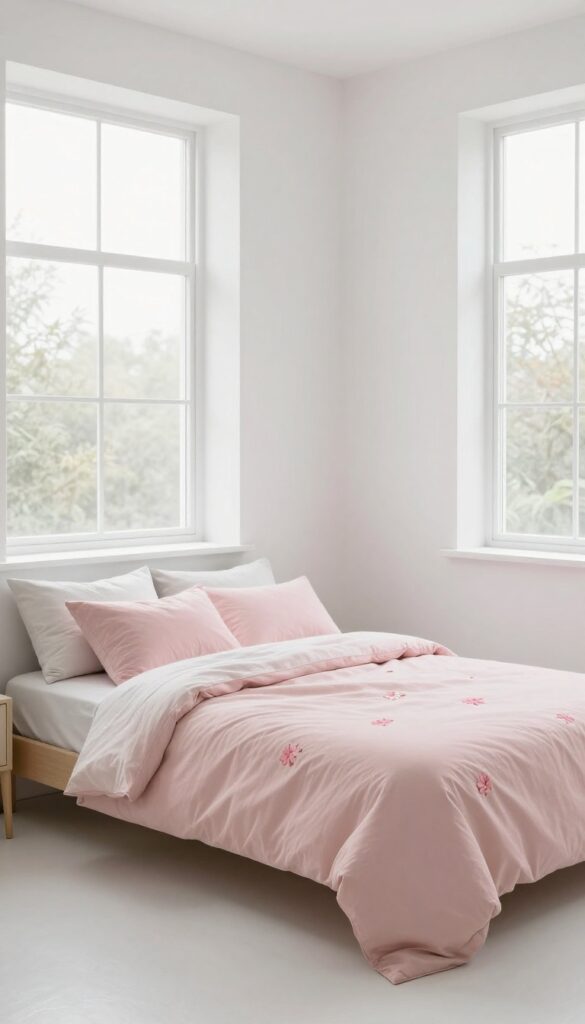 Modern minimalist bedroom with minimal pink floral bedding, a blush duvet, and scattered floral pillowcases in bright natural light