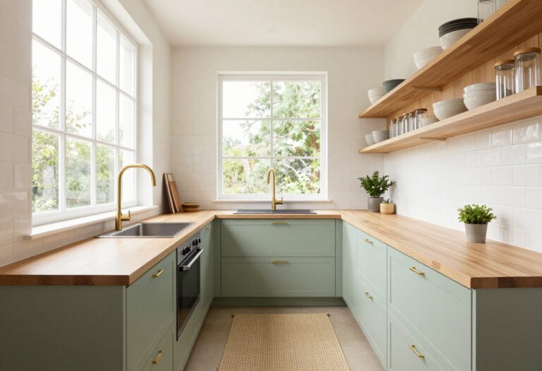 Bright narrow galley kitchen with light cabinets, open shelving, and a slim central walkway maximizing space