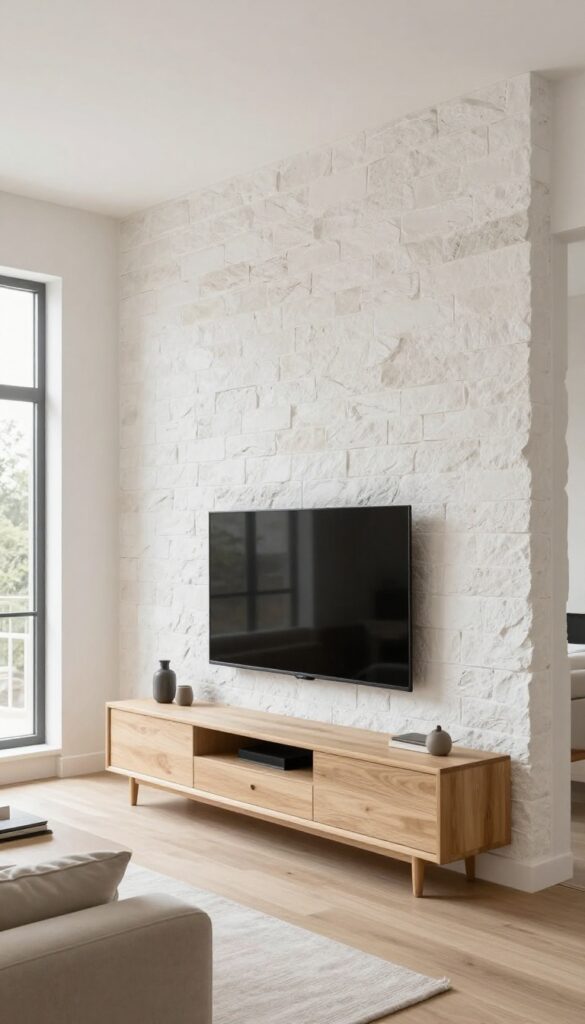 Bright airy living room with a whitewashed stone TV wall, mounted flat-screen TV, light wood furniture, and neutral decor in natural daylight.