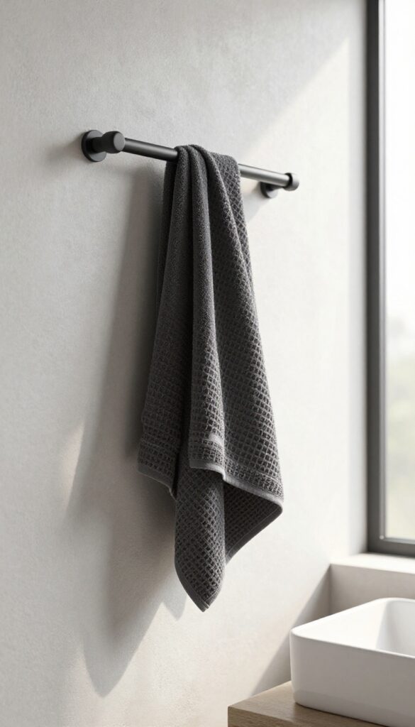 Single textured waffle-weave hand towel hanging centered on a matte black bar in a bright minimalist modern bathroom with concrete walls and clean empty space.