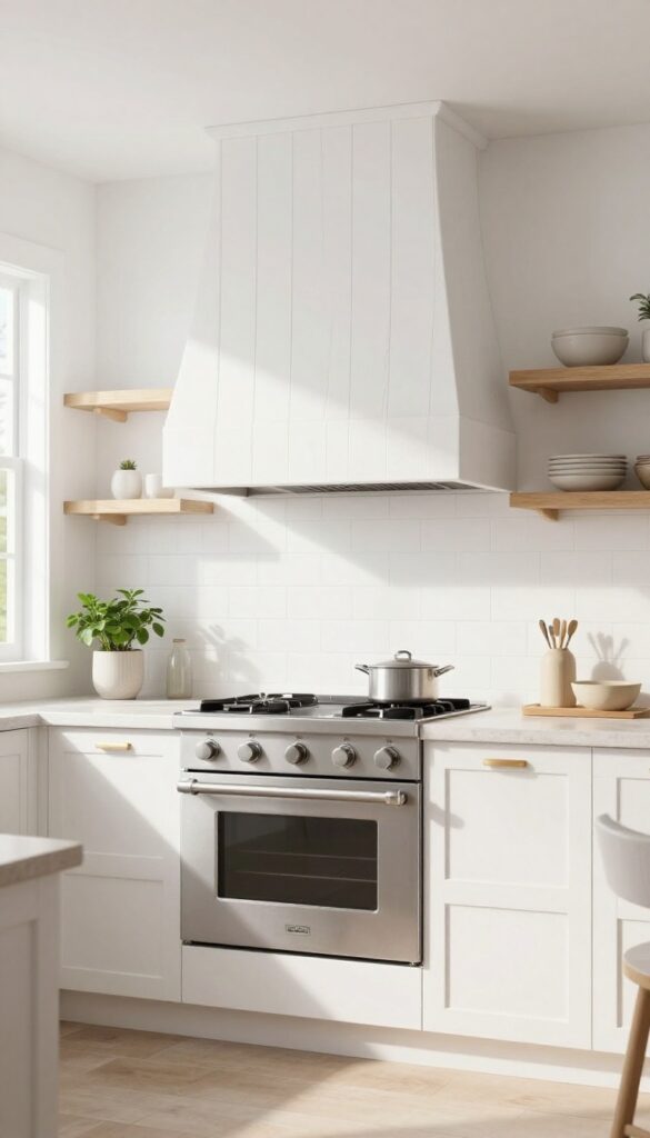 Bright farmhouse kitchen with a white shiplap vent hood cover above a stainless steel range, styled with open wood shelves, subway tile backsplash, and natural light.