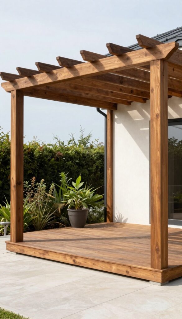 Modern front deck with a dark wooden pergola frame adding height and architectural style to the home entry, bright natural light and clean Pinterest-friendly composition