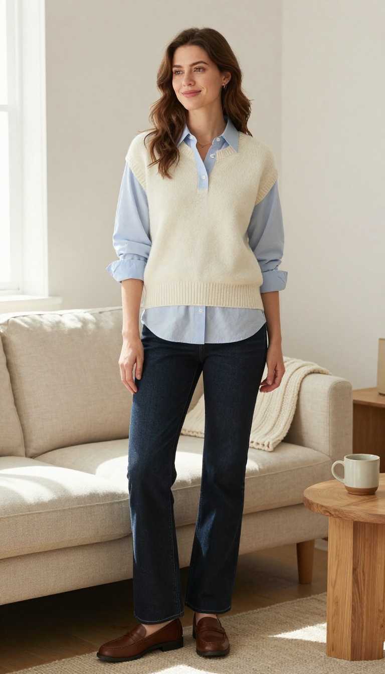 6. Button-Down Shirt Under a Crewneck Sweater with Flare Jeans