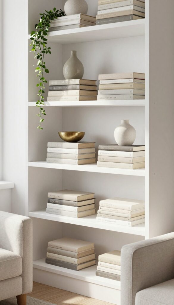 Bright living room bookcase with horizontal stacks of books topped with a small vase and bowl, styled with neutral decor and natural light.