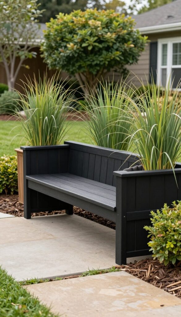 Cozy front yard corner bench seating with built-in planters, cushions, and tall grasses in bright natural light