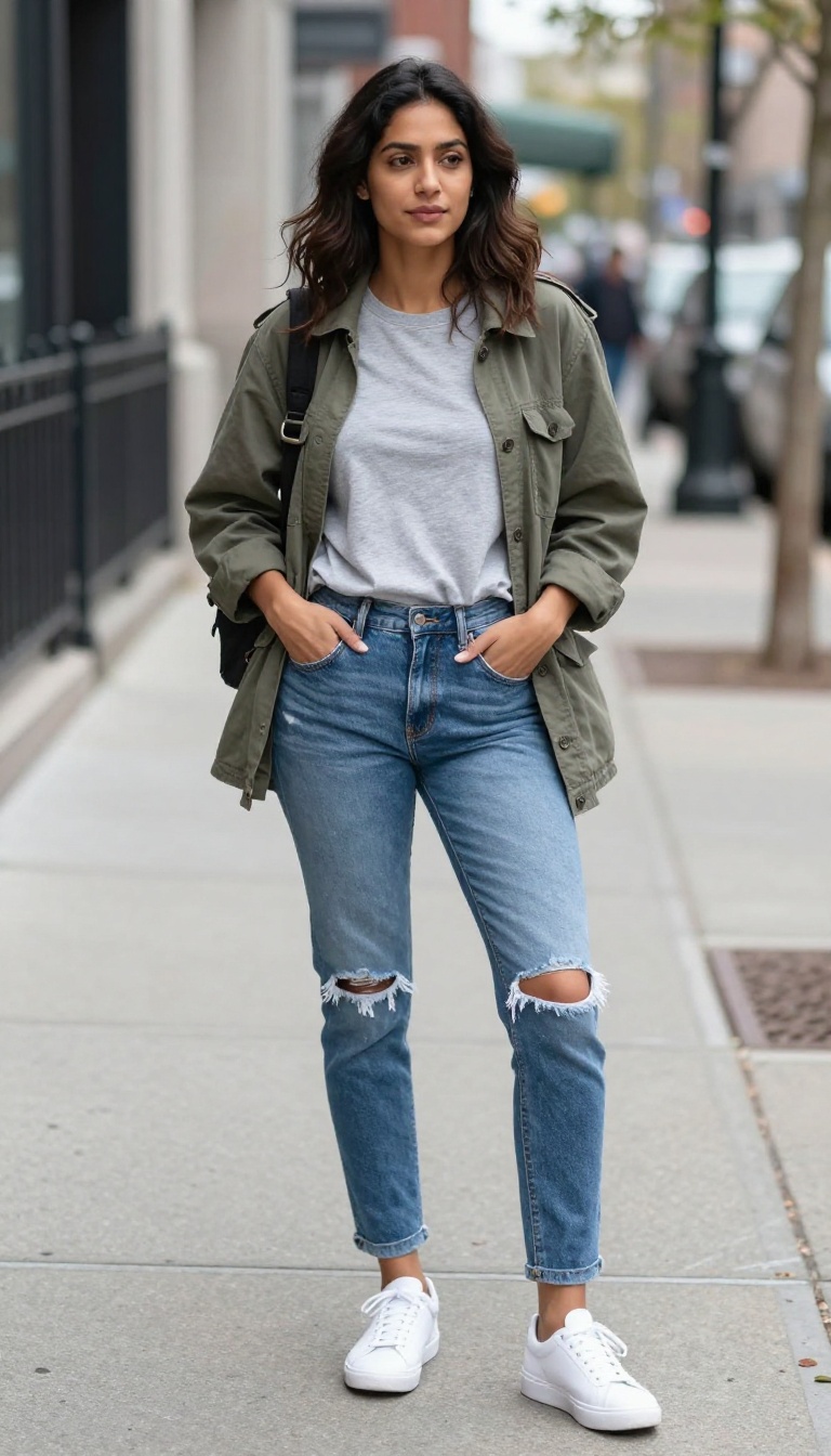 8. Distressed Jeans with a Graphic Tee and Utility Jacket