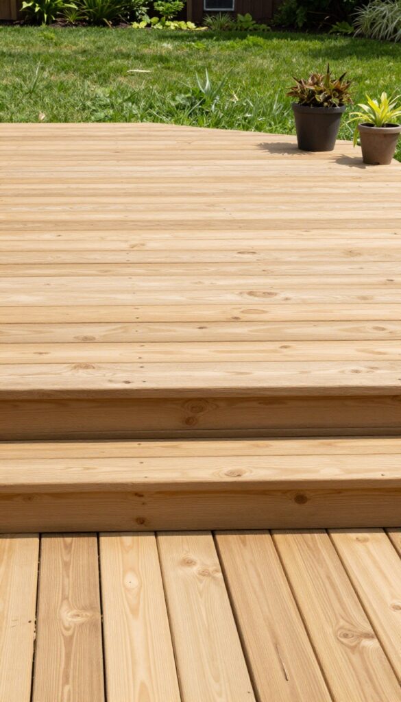 Backyard wooden deck with evenly spaced horizontal cedar slat skirting in bright natural light
