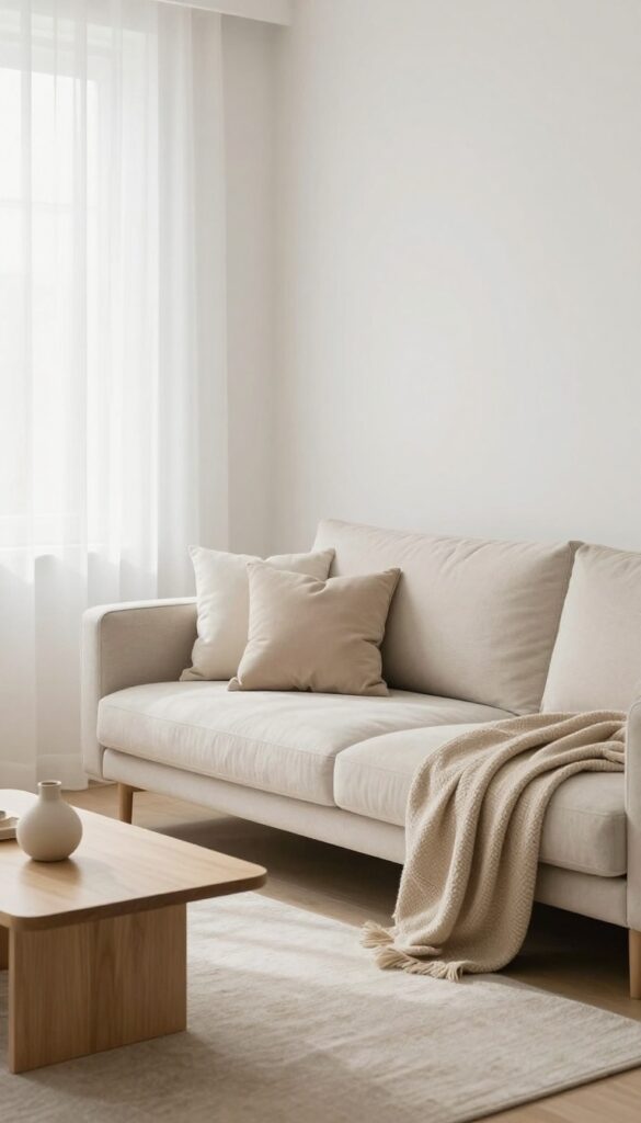 Bright small modern living room with a cohesive soft white, warm beige, and light greige color palette, light sofa, simple coffee table, and natural light through sheer curtains.