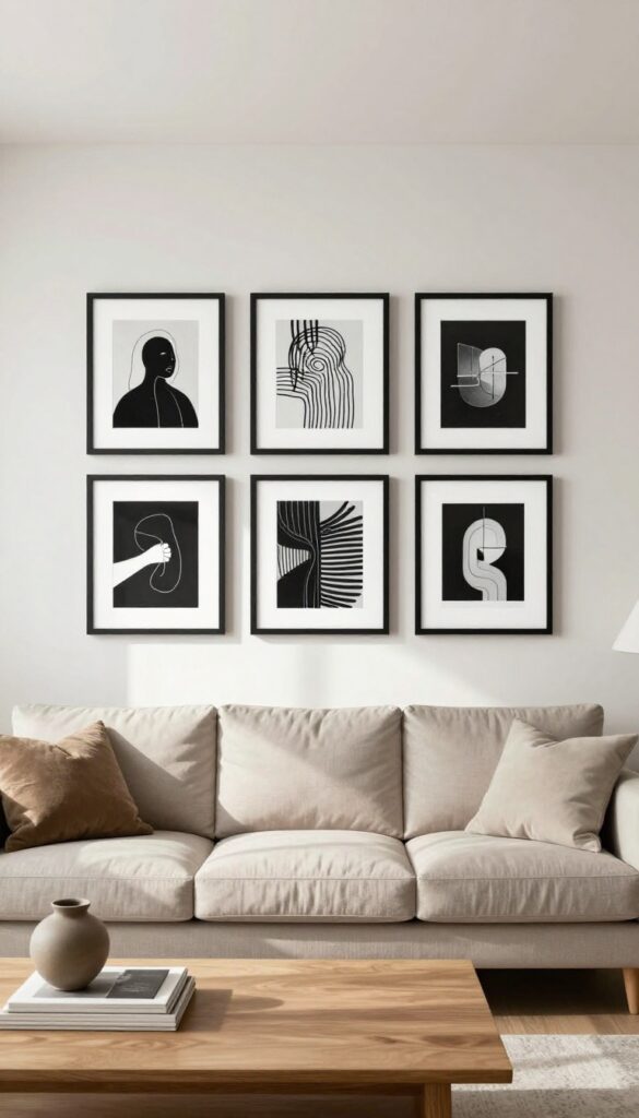 A bright living room with a balanced grid gallery wall of nine black frames above a neutral sofa, styled with natural light and warm textures.