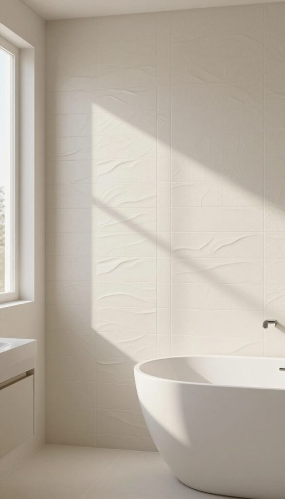 Bright bathroom with a single accent wall of neutral textured 3D wave tiles catching soft daylight, surrounded by smooth plain tiles
