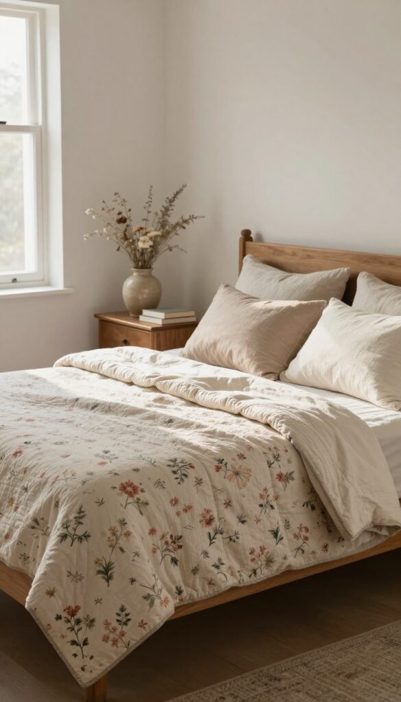 A cozy vintage bedroom bed layered with a faded floral garden quilt folded halfway, neutral pillows, and soft natural morning light.