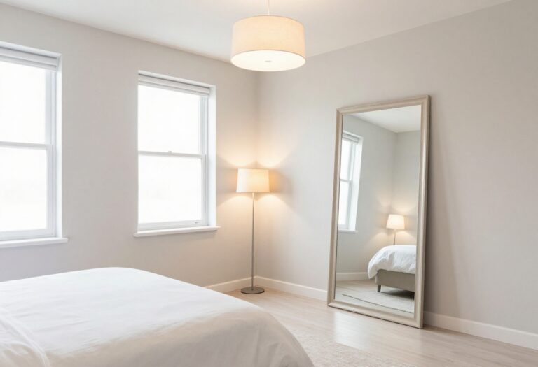 Bright windowless bedroom with layered warm lighting, light-colored lamp shades, an oversized leaning mirror, and airy neutral decor that makes the space feel luminous