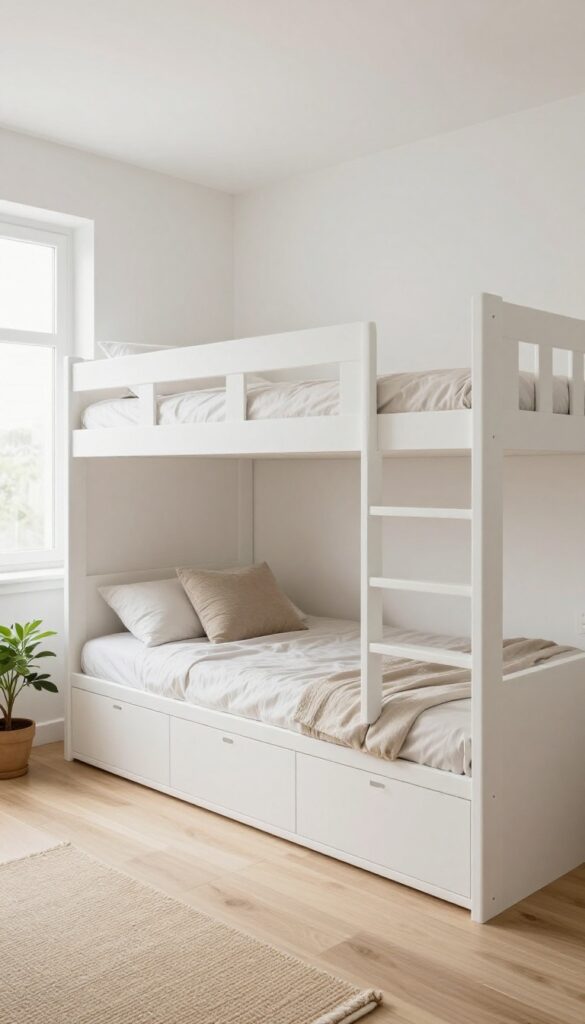 Bright small bedroom with a white built-in double deck bed spanning wall to wall, built-in drawers and cubbies below, and recessed lights under the top bunk.