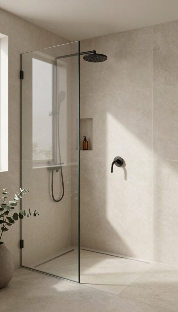 Modern minimalist bathroom shower with large format stone-look porcelain tiles and thin grout lines, frameless glass panel, matte black rainfall showerhead, and bright natural light.