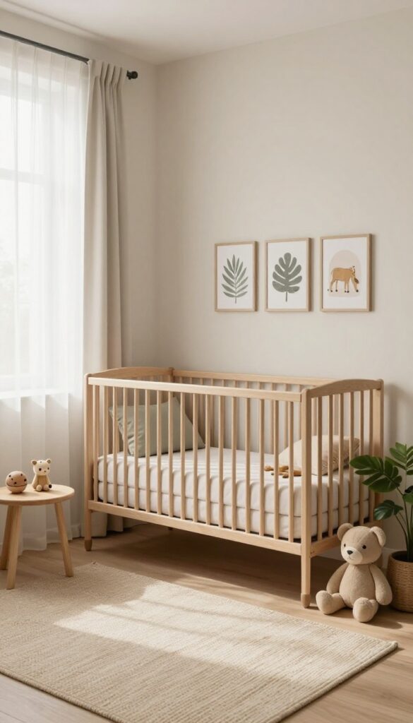 Bright cozy baby boy nursery with neutral walls, light wood crib, muted sage and beige bedding, and subtle nature-inspired framed prints in a soft minimal safari theme