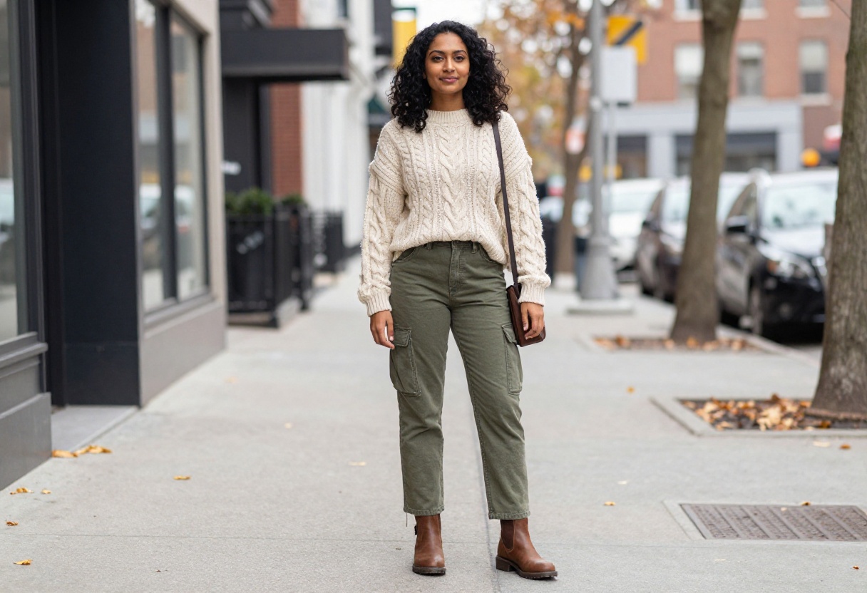 Woman wearing olive cargo jeans and cream sweater standing on autumn street