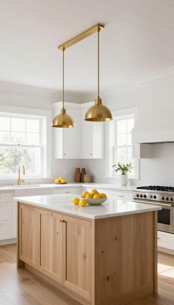 Bright kitchen with a classic white shiplap ceiling, brass pendant lights, and white cabinets.