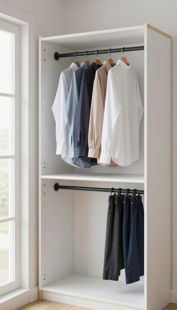 Small bedroom cupboard interior with two matte black hanging rods, shirts on the upper rod and pants on the lower rod, bright natural light