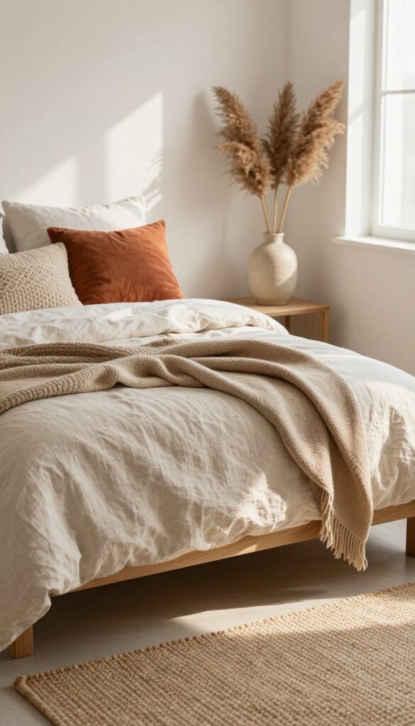 Cozy bohemian bedroom bed layered with cotton, wool, and linen throw blankets and textured knitted and woven cushions in warm neutral tones, softly lit by natural morning light