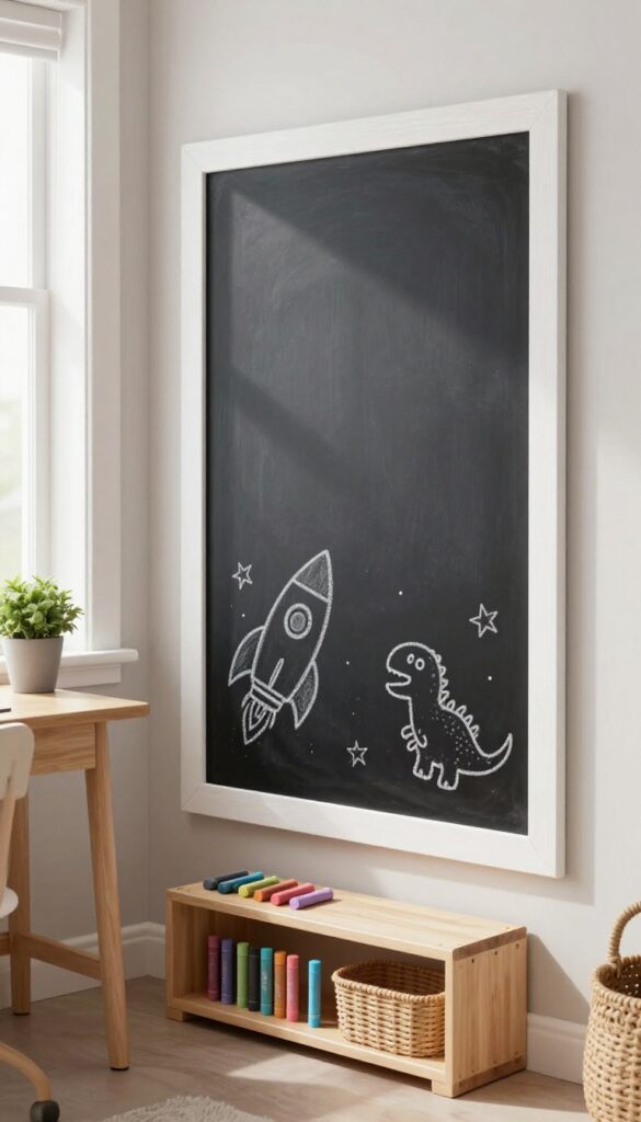 Boys bedroom with a framed chalkboard wall section, colorful chalk drawings, and a small tray of chalk in bright natural light
