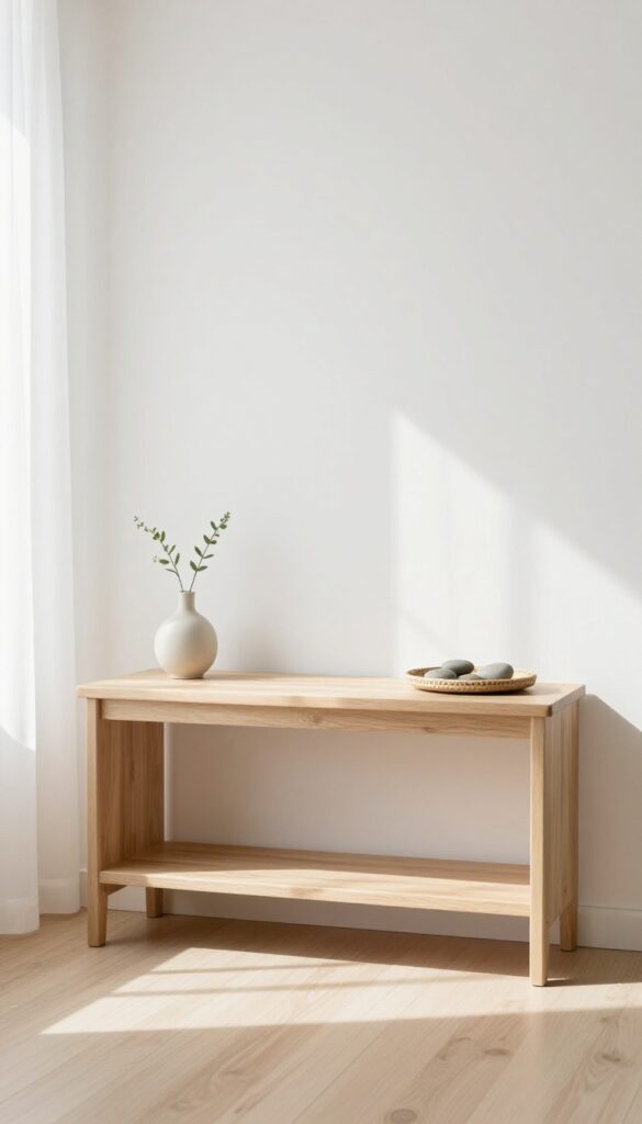 Bright airy living room with a minimally styled light oak console table, one small vase, a woven tray with three pebbles, and an intentionally empty lower shelf in soft natural light.