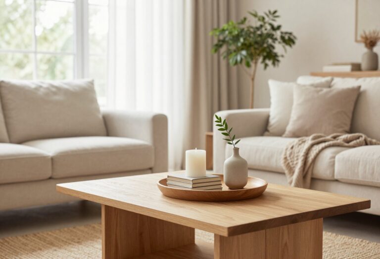 Bright living room coffee table styled with a wooden tray holding a candle, books, and a small vase in a clean neutral interior