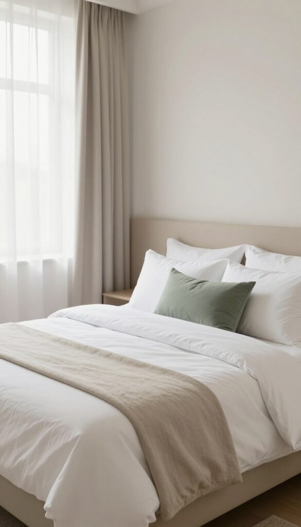 A bright guest bedroom with crisp white sheets, a folded duvet, and a lightweight throw blanket layered at the foot of the bed with plush pillows.