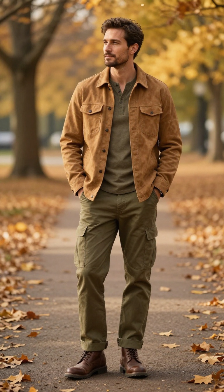 8. The Earthy Tones Ensemble: Suede Shirt Jacket, Henley, and Cargo Pants